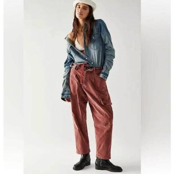 Free People Bay to Breakers Corduroy Button Closure Pants in Rosey Copper XLarge - Picture 1 of 12